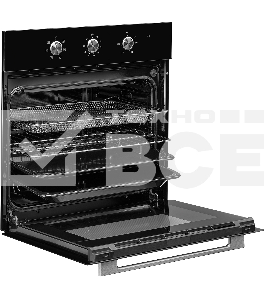Духовой шкаф MONSHER MOE 6062 Noir, 5 режимов работы, объем духовки 58 л., утапливаемые переключатели, механический таймер, 2 стекла в дверце, энергоэффективность А, цвет: черный,фурнитура серебряная