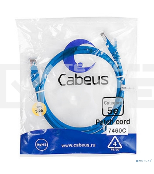 Патч-корд Cabeus, кат. 5е, неэкр., U/UTP, RJ45/RJ45, PVC, AWG24, 1м, синий