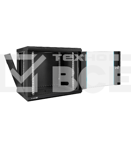 Шкаф телекоммуникационный 19' настенный 9U ExeGate EC-WM-9U.450.G.BLACK (19', 9U, 600x450x500 мм (ШхГхВ), передняя дверь закаленное стекло, съемные боковые панели, пыле- и влагозащита IP23, черный RAL 9004)
