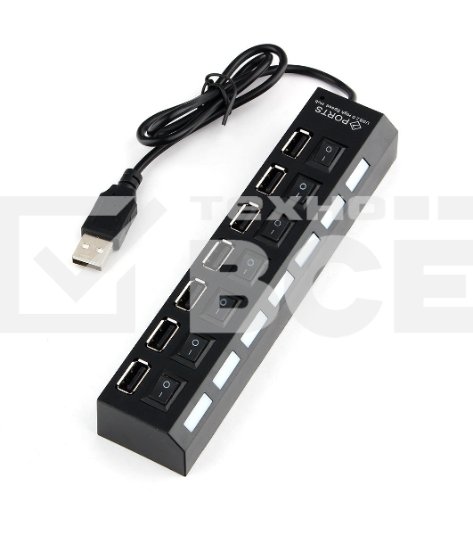 Разветвитель USB2.0 Gembird UHB-U2P7-01, 7хUSB, с доп. питанием, подсветка и выключатели, кабель USB 55см, черный, коробка