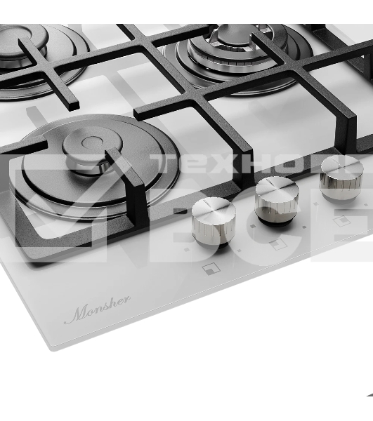 Варочная поверхность Monsher MGG 45 Blanc, газ, High-Tech, поворотные переключатели, автоматический электроподжиг, газ-контроль, материал решеток чугун, мощность конфорок 1, 1.75, 2.5 кВт, цвет белый