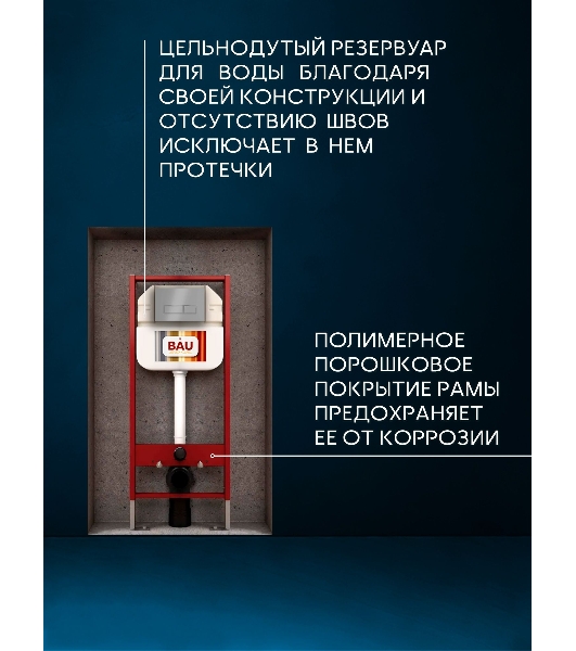 Комплект BAU 6 в 1: рамная инсталляция BAU NEO 45 для подвесного унитаза, унитаз подвесной безободковый вихревой со скрытым сливом Bau Stil Hurricane-5, сиденье дюропласт микролифт, клавиша смыва BAU Pulse, серый металлик/вставка хром