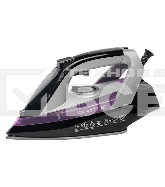 Утюг Galaxy Line GL 6128, фиолетовый с черным, паровой, 2200 Вт, постоянный пар 30 г/мин, паровой удар 140 г/мин, функции: самоочистка, антикапля, антинакипь, функция увлажнения, вертикальное отпаривание, защита от перегрева,  индикатор нагрева, керамичес