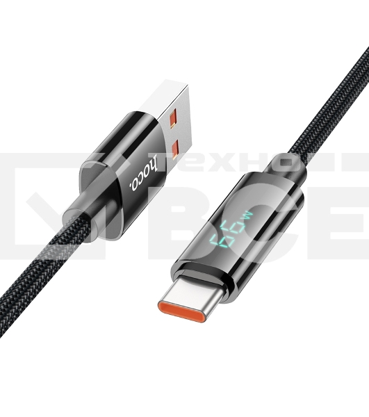 Кабель USB2.0 Hoco АM/Type-C, 5А, U125, с дисплеем, 1.2м, черный, коробка