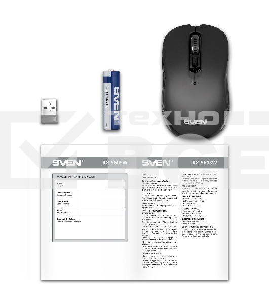 Мышь беспроводная SVEN RX-560SW черный, 1600 dpi, радиоканал, USB, кнопки - 6