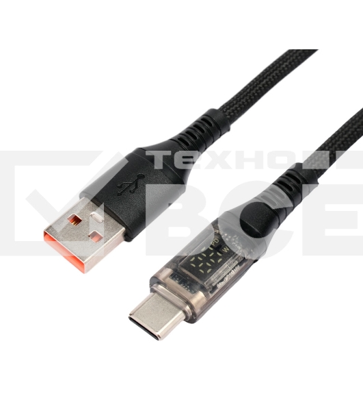Кабель USB2.0 Cablexpert CCP-USB2-AMCM-SCR-1M, AM/Type-C, 6A, 66Вт, QC3.0, дисплей, оплетка, медь, 1м, черный, пакет