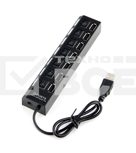 Разветвитель USB2.0 Gembird UHB-U2P7-01, 7хUSB, с доп. питанием, подсветка и выключатели, кабель USB 55см, черный, коробка