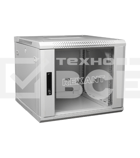 Настенный шкаф Rexant 19' 9U 600×600×501 (ШxГxВ), дверь стекло, металлическая задняя стенка, боковые съемные стенки, RAL 7035