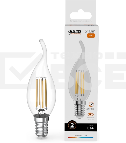 Лампа филам. Gauss Filament 8Вт цок.:E14 свеча св.свеч.бел.теп. (упак.:10шт) (42118)