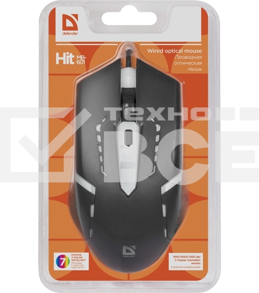 Мышь проводная Defender Hit MB-601 черный, 1200 dpi, USB, кнопки - 4