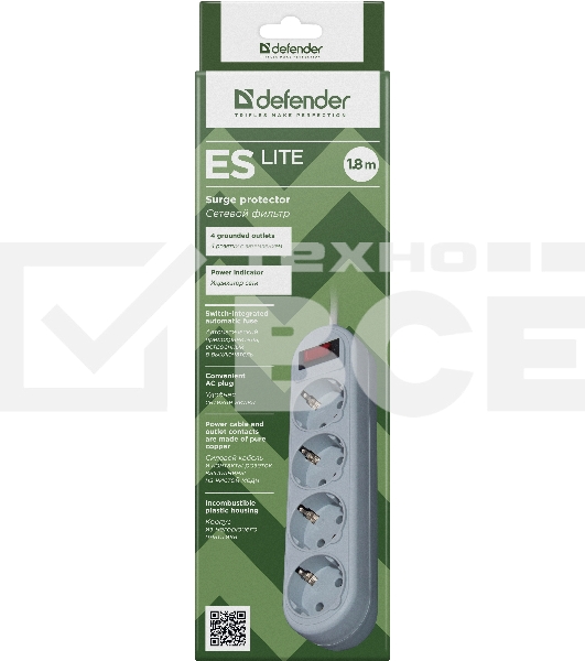 Сетевой фильтр Defender ES Lite, 1.8м, 4 розетки, серый