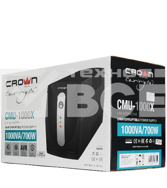 Источник бесперебойного питания Crown CMU-1000X (1000VA/600w; Off-Line; 2 х Euro с резервным питанием и фильтрацией; 12V7AH х 2; Металл)