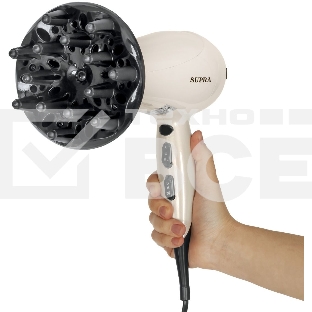 Фен SUPRA PHS-2205L (Мощность 2200 Вт. 2 скорости воздушного потока. 3 режима нагрева. Функция «Холодный обдув». Функция ионизации воздуха. Насадки: концентратор\ диффузор.)