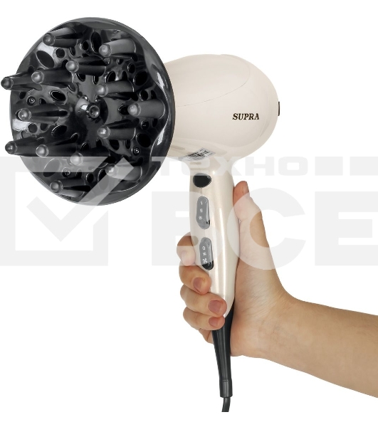 Фен SUPRA PHS-2205L (Мощность 2200 Вт. 2 скорости воздушного потока. 3 режима нагрева. Функция «Холодный обдув». Функция ионизации воздуха. Насадки: концентратор\ диффузор.)