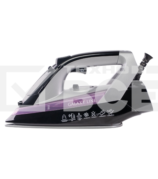 Утюг Galaxy Line GL 6128, фиолетовый с черным, паровой, 2200 Вт, постоянный пар 30 г/мин, паровой удар 140 г/мин, функции: самоочистка, антикапля, антинакипь, функция увлажнения, вертикальное отпаривание, защита от перегрева,  индикатор нагрева, керамичес
