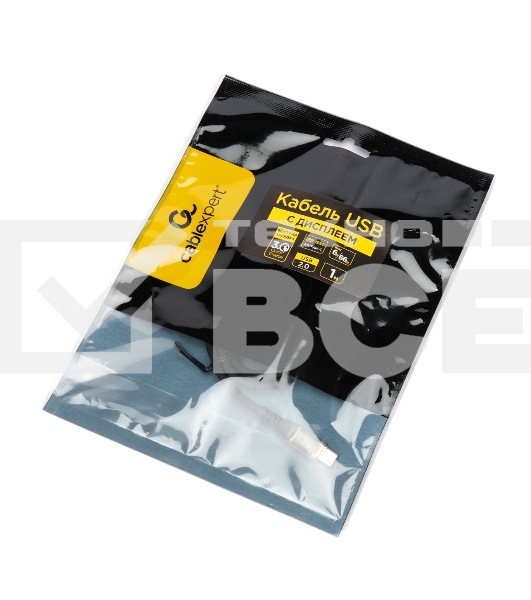 Кабель USB2.0 Cablexpert CCP-USB2-AMCM-SCR-1M, AM/Type-C, 6A, 66Вт, QC3.0, дисплей, оплетка, медь, 1м, черный, пакет