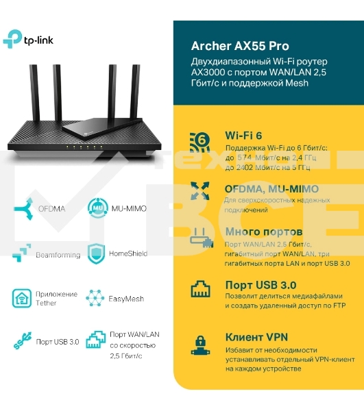 Двухдиапазонный гигабитный TP-Link Archer AX55 Pro AX3000 Wi-Fi 6 роутер