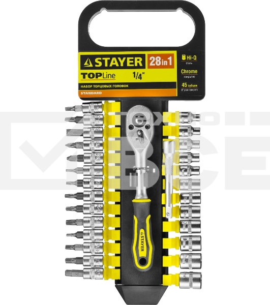 Набор головок STAYER 27754-H28 standard: 1/4 на пластик рельсе трещотка удл-тель 4-13мм 28пр.