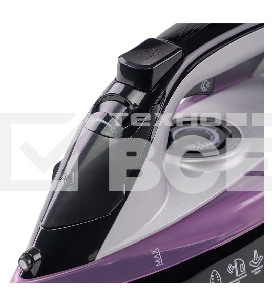 Утюг Galaxy Line GL 6128, фиолетовый с черным, паровой, 2200 Вт, постоянный пар 30 г/мин, паровой удар 140 г/мин, функции: самоочистка, антикапля, антинакипь, функция увлажнения, вертикальное отпаривание, защита от перегрева,  индикатор нагрева, керамичес