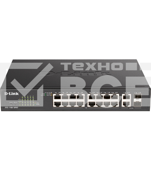 Настраиваемый L2 коммутатор D-Link DGS-1100-18PV2/A3A с 16 портами 10/100/1000Base-T и 2 комбо-портами 1000Base-T/SFP (16 портов PoE 802.3af/at, PoE-бюджет 130 Вт)
