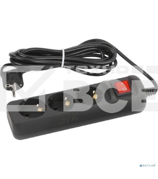 Удлинитель электрический ЭРА UX-3es-5m-B с заземлением с выключателем 3 розетки 5м ПВС 3x0,75мм2 10А черный