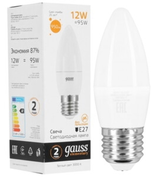 Лампа светодиодная Gauss Elementary 30212 12Вт цок.: E27 свеча 220B 3000K св. свеч. белый теп. (упак.: 10 шт)