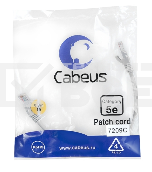 Шнур комм. Cabeus, кат. 5е, неэкр., U/UTP, RJ45/RJ45, PVC, AWG24, 0.3м, серый