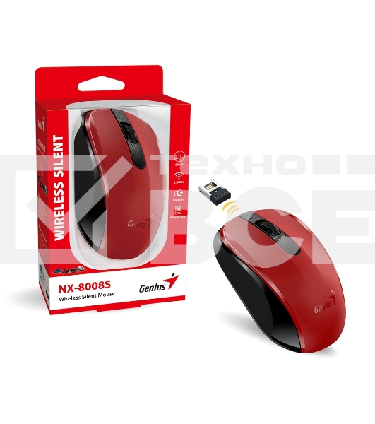 Мышь беспроводная Genius NX-8008S красный, 1200 dpi, радиоканал, USB, кнопки - 3