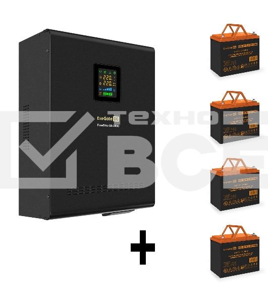 Комплект ИБП EX296003RUS + батарея 75Aч EX285653RUS 4шт (инвертор, синус, для котла, настенный) ExeGate FineSine SX-3000.LCD.AVR.2SH.T <3000VA/2100W, чистая синусоида, цветной LCD-дисплей, AVR, 2*Schuko+клеммы, линейно-интерактивный, крепление настенное, 