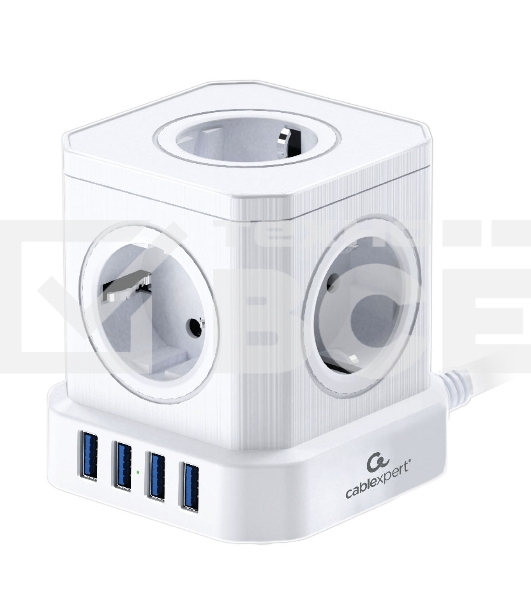 Сетевой фильтр Cablexpert Tower 5р, TWR-5-U4-W-3, 10А, 4хUSB, 3.1А, 3м, ур.защиты 4+, белый, коробка