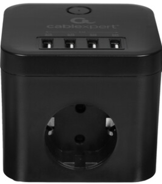 Сетевой фильтр Cablexpert Cube CUBE-3-U4-B-1.5, 3 р, 10А, 4хUSB, 1.5 м, ур.защиты 4+, черный, коробка