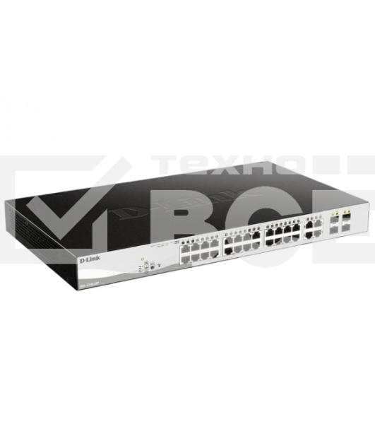 Коммутатор D-Link DGS-1210-28P/FL1A, L2 Managed Switch with 24 10/100/1000Base-T ports and 4 100/1000Base-T/SFP combo-ports (24 PoE ports 802.3af/802.3at (30 W), PoE Budget 193 W).8K Mac address, 802.3x Flow Co