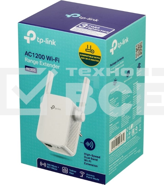 Двухдиапазонный усилитель беспроводного сигнала TP-Link (ретранслятор), 867 Мбит/с на 5 ГГц + 300 Мбит/с на 2,4 ГГц (SOHO RE305) поставляется без кабеля RJ-45