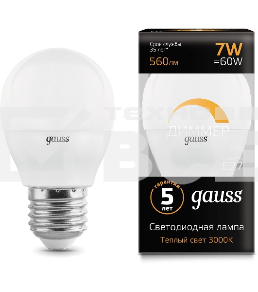 Лампа светодиодная Gauss 7Вт цок.: E27 шар 220B 3000K св. свеч. белый теп. (упак.: 10 шт)