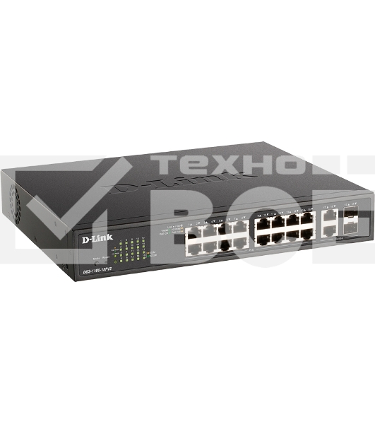 Настраиваемый L2 коммутатор D-Link DGS-1100-18PV2/A3A с 16 портами 10/100/1000Base-T и 2 комбо-портами 1000Base-T/SFP (16 портов PoE 802.3af/at, PoE-бюджет 130 Вт)