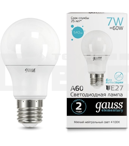 Светодиодная лампа LED Elementary A60 7W E27 540lm 4100K 1/10/100 0 GAUSS 23227A