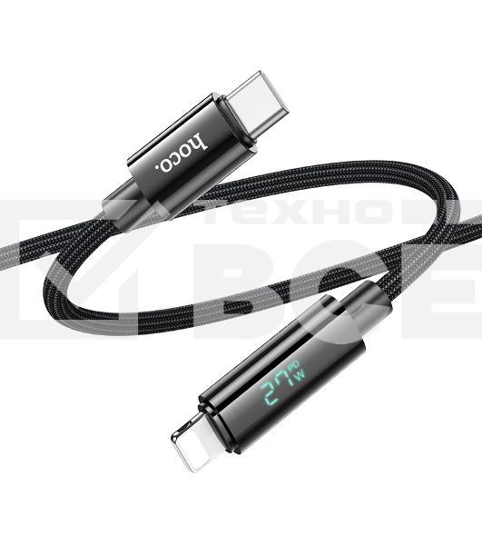 Кабель USB2.0 Hoco Type-C/Lightning, 2.4А, с дисплеем, U125, 1.2м, черный, коробка