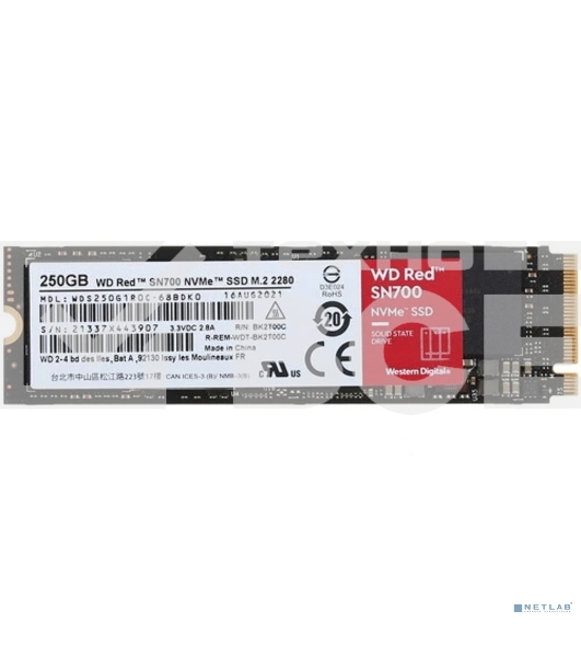 Накопитель SSD Western Digital Red SN700, 250GB, PCIe 3.0 x4, M.2 2280, NVMe, R/W 3100/1600