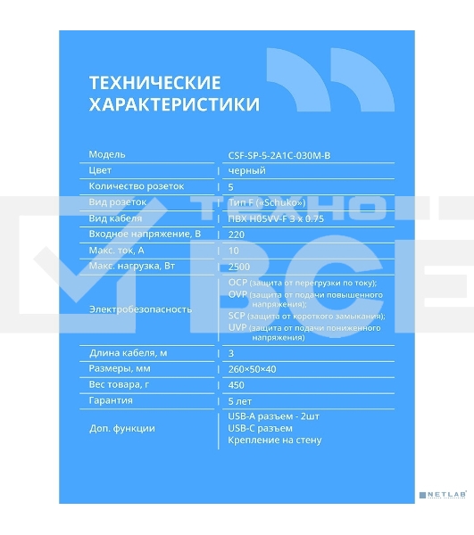 Сетевой фильтр CBR CSF SP-5-2A1C-030M-B, 10A, 5 евророзеток, 2x USB Type-A 2.0, 1x USB Type-C, 3x0.75 мм2, 3 м, черный