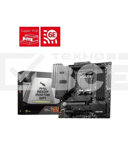 Материнская плата MSI MAG B650M MORTAR WIFI, AM5, AMD B650, 4xDDR5, 6xSATA, 2xM.2, 1xPCI-E 4.0 x16, 1xPCI-E 4.0 x4, 1xHDMI, 1xDP, 1x2.5Gb LAN, 3xUSB 3.2 Gen 2, 4xUSB 3.2 Gen 1, 1xUSB-C 3.2 Gen 2x2, 5x3.5мм аудио, 7.1, Micro-ATX