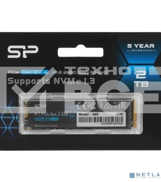 Накопитель SSD Silicon Power P34A60, 2Tb, PCIe 3.0 x4, M.2 2280, NVMe, R/W 2200/1600