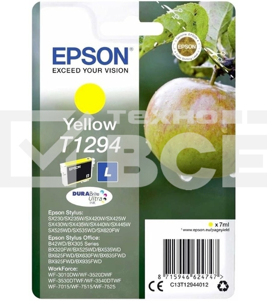 Картридж струйный Epson T1294 (C13T12944012/C13T12944011/C13T12944010) желтый, 7 мл., для SX420/425/525WD/B42WD/BX320FW