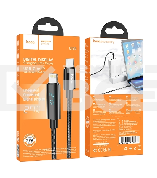 Кабель USB2.0 Hoco Type-C/Lightning, 2.4А, с дисплеем, U125, 1.2м, черный, коробка
