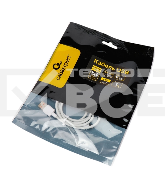 Кабель USB2.0 Cablexpert CC-USB2-AMCM-66W-1M-W, AM/Type-C, 6A, 66Вт, QC3.0, 1м, медь, белый, пакет