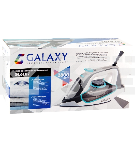 Утюг Galaxy  GL 6107 2800 Вт, керамическое покрытие подошвы, уплотнитель крышки резервуара, функции: «автоотключение», «самоочистка», «антикапля», «антинакипь», индикатор автоотключения, указатель максимального уровня воды,