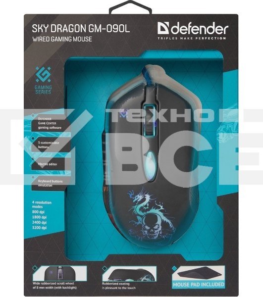 Мышь проводная Defender Sky Dragon GM-090L черный, 3200 dpi, USB, кнопки - 6