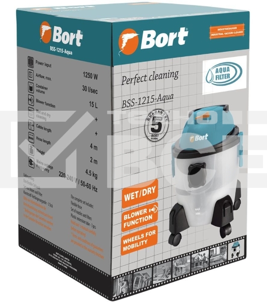 Строительный пылесос Bort BSS-1215-Aqua (93410891) серый, 250/1250 Вт, уборка сухая/влажная, пылесборник контейнер, 15 л