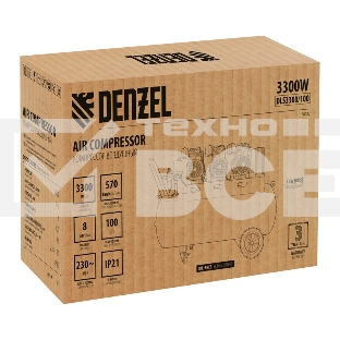Компрессор безмаслянный малошумный DLS 3300/100, 3300 Вт,3х1100, 100 л, 570 л/мин блок упр  Denzel