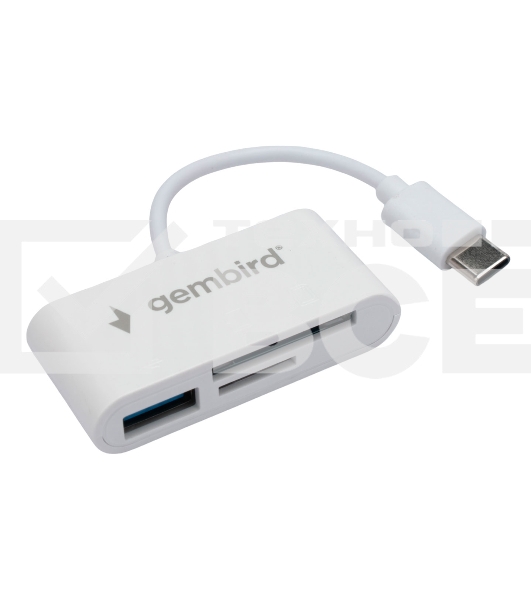 Картридер Type-C (2.0) Gembird FD2-MSD-2, 3в1: SD, TF (MicroSD), USB2.0, кабель 10см, белый