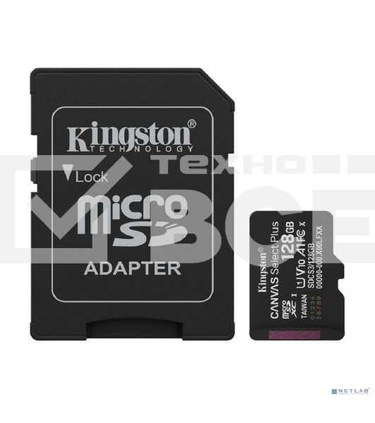 Флеш карта Micro SecureDigital 128Gb Kingston Canvas Select Plus Gen3 150Mb/s A1,, адаптер в комплекте